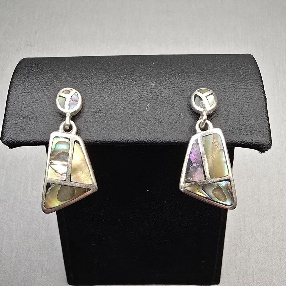 VTG Carol Felley Sterling Silver Abalone Mosaic Dangle Earrings 1" Signed CFJ